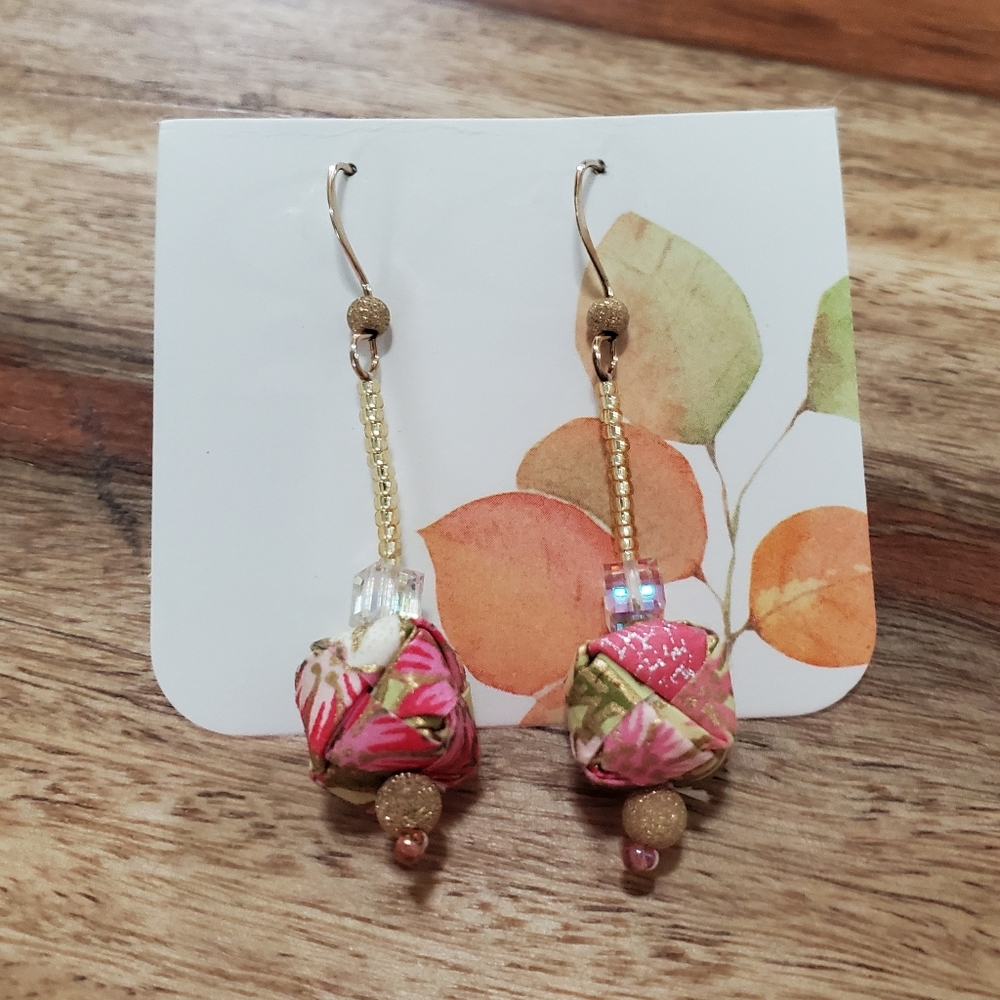 Gold Oragami Cube Beaded Dangle Earrings Pink Handcrafted